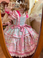 【Candy Fairground】 Uncharted Stars Original JSK Sweet Lolita Suspender Skirt Dress Set – Polka Dots, Stripes, Pink-Blue Color Blocking - Image 5