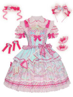 【Candy Fairground】 Uncharted Stars Original JSK Sweet Lolita Suspender Skirt Dress Set – Polka Dots, Stripes, Pink-Blue Color Blocking - Image 6