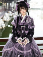 【Purple Silk Lily】 Uncharted Stars Original Purple Silk Lily Chinese Style Lolita Overdress Elegant CLA Dress Set – Frog Buttons, Tassels, Beaded Chain - Image 2