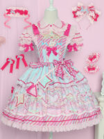 【Candy Fairground】 Uncharted Stars Original JSK Sweet Lolita Suspender Skirt Dress Set – Polka Dots, Stripes, Pink-Blue Color Blocking - Image 7