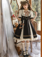 【Chocolate Workshop】 Uncharted Stars Original OP Elegant Lolita Casual Short Sleeve Dress Spring/Summer – Striped Bow, Lace, Color Block Stripes