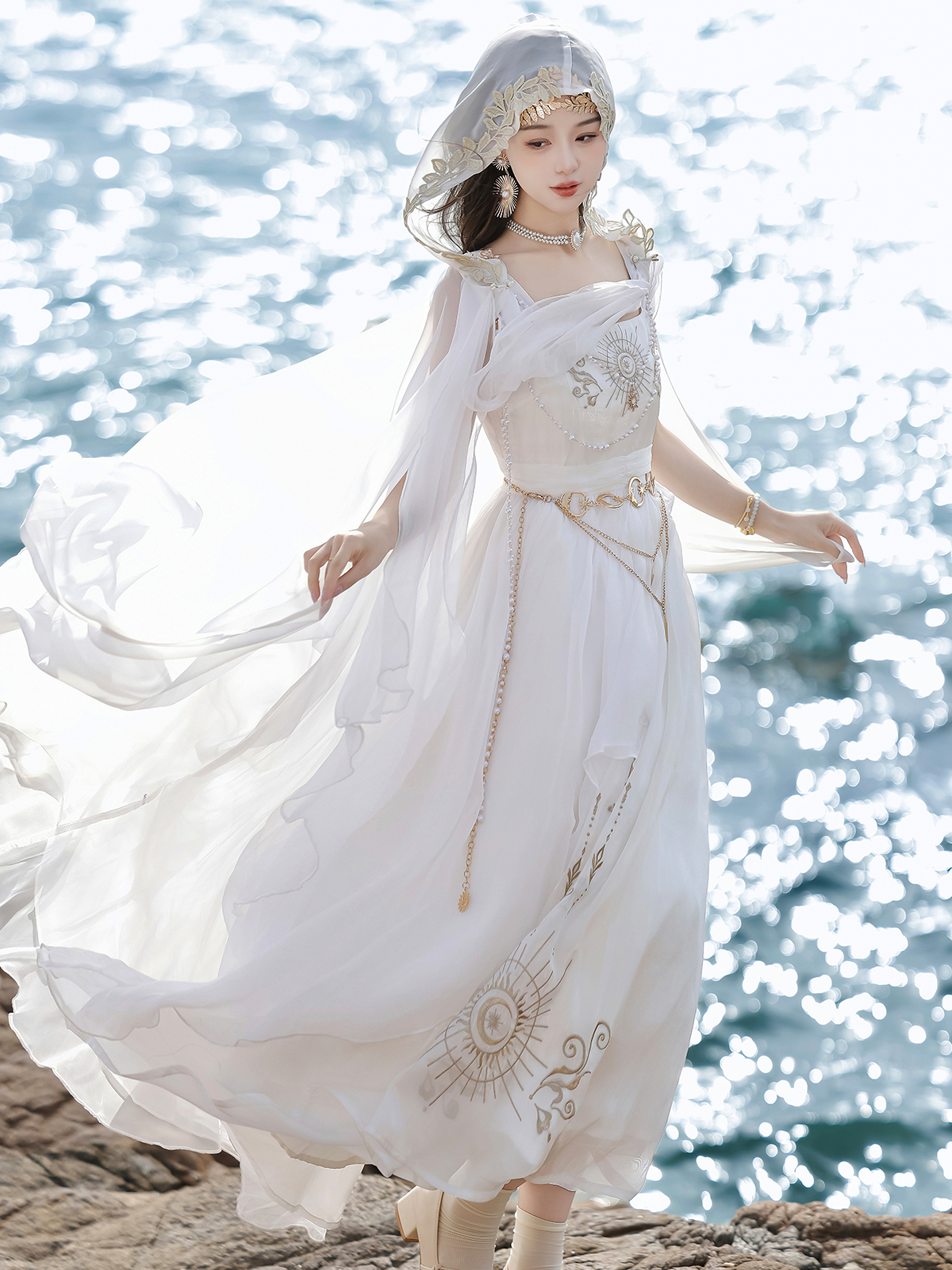 1 【Holy Aria】 Unchartedstars Original Holy Aria Hanfu Women’s Modified Hanfu Element New Chinese Style Dress Set Spring/Summer – Embroidery, Pearl Chain, Metal Chain - Image 1