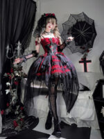 【Eternal Dragon Bones & Rose Thorns】 Uncharted Stars Original Dark Gothic Lolita JSK Dress Spring/Summer – Embroidery, Overlay Mesh, Red-Black Color Blocking - Image 2