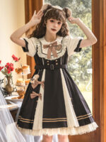 【Chocolate Workshop】 Uncharted Stars Original OP Elegant Lolita Casual Short Sleeve Dress Spring/Summer – Striped Bow, Lace, Color Block Stripes - Image 3