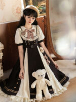 【Chocolate Workshop】 Uncharted Stars Original OP Elegant Lolita Casual Short Sleeve Dress Spring/Summer – Striped Bow, Lace, Color Block Stripes - Image 5