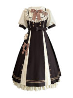 【Chocolate Workshop】 Uncharted Stars Original OP Elegant Lolita Casual Short Sleeve Dress Spring/Summer – Striped Bow, Lace, Color Block Stripes - Image 7