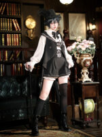 【Meteor Rabbit Ear】 Uncharted Stars Rabbit Ear Meteor Original Dark Prince Style Lolita Prince Suspenders Shorts Set Spring/Summer – Black-White Color Blocking, Metal Chain - Image 4