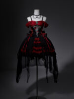 【Eternal Dragon Bones & Rose Thorns】 Uncharted Stars Original Dark Gothic Lolita JSK Dress Spring/Summer – Embroidery, Overlay Mesh, Red-Black Color Blocking - Image 8