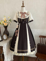 【Chocolate Workshop】 Uncharted Stars Original OP Elegant Lolita Casual Short Sleeve Dress Spring/Summer – Striped Bow, Lace, Color Block Stripes - Image 9