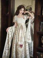 【Sacred Coronation】 Uncharted Stars Original Sacred Coronation Lolita Retro Court Elegant OP Dress Set Spring/Summer – Lace Puff Sleeves, Pearl Necklace - Image 2